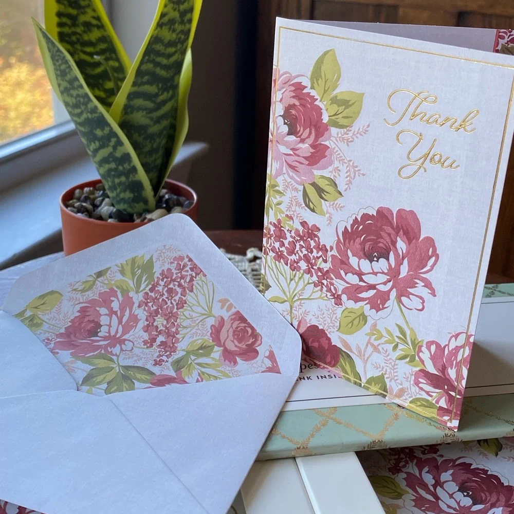 Laura Ashley Stationery Box Set in Mint and Gold Set of 13 Thank You Cards.